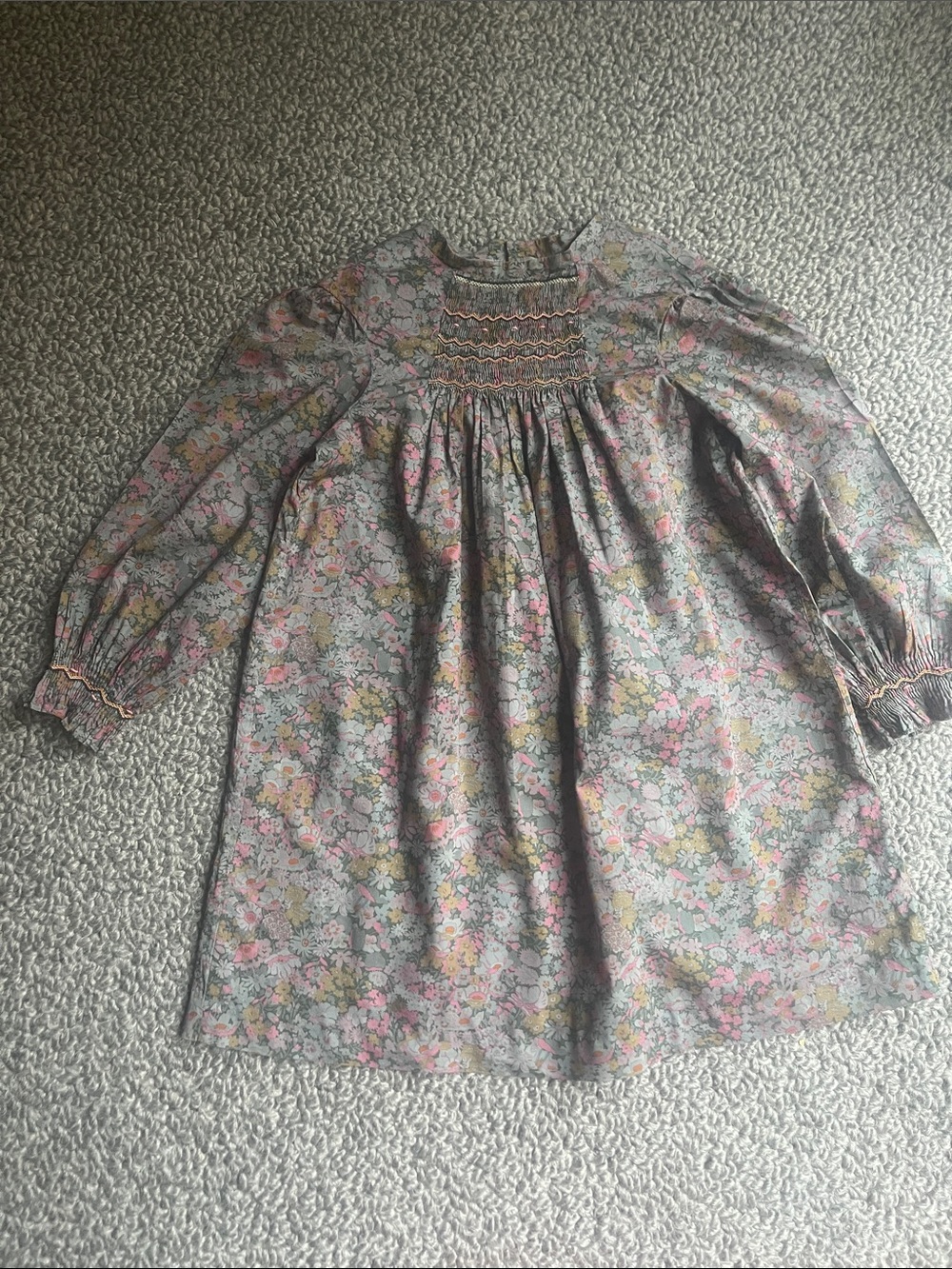Bonpoint Floral Smocked Long-Sleeve Dress in Pink and Yellow on Gray